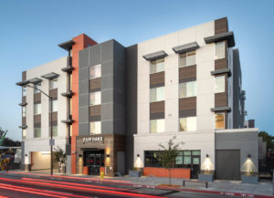 Four story building Facade at Dusk